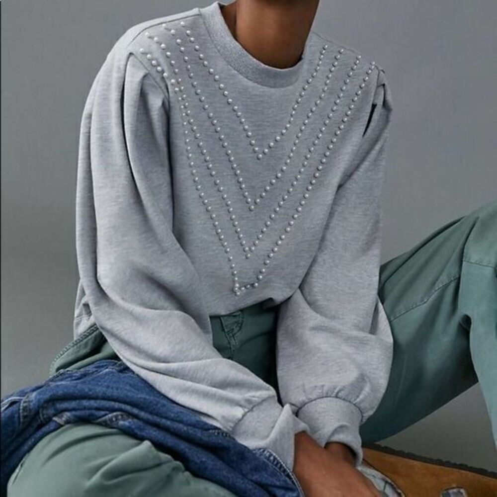ANTHROPOLOGIE NWT Grey Brianna Embellished Sweater Shirt XSMALL